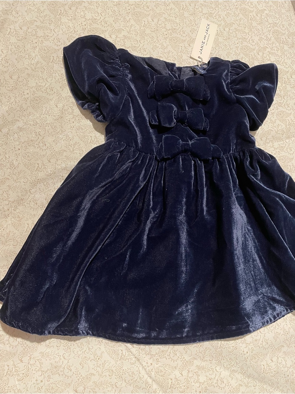 Janie and Jack Navy Blue Velvet Bow Puff Sleeve Holiday Dress Toddler Festive NE